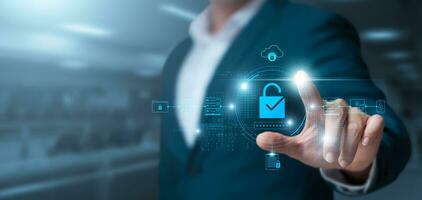 Cyber security and network data protection, businessman touch internet network security padlock, encryption security of personal data of users, smart protection against digital attacks. photo