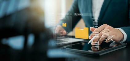 Document management concept. Virtual screen icons Document Management System DMS Online document database, software for efficient archiving, searching and management of company files and data. photo