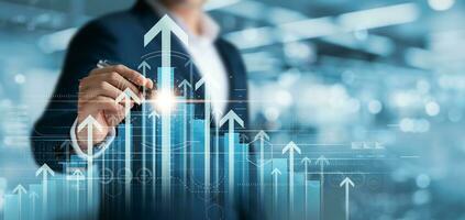 global business growth analysis and asset investment chart Business and Finance Up arrow Holographic economic chart, global economic trend analysis, financial graph analysis on virtual screen. photo