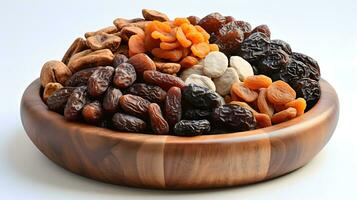 AI generated dried fruits and dates in a wooden bowl photo