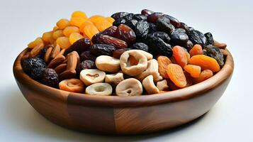 AI generated dried fruits and dates in a wooden bowl photo