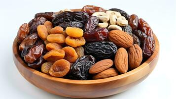 AI generated dried fruits and dates in a wooden bowl photo