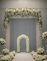 AI generated Romantic indoor wedding backdrop with cascading flowers photo