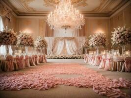 AI generated Whimsical Indoor Wedding Backdrop with Flowers photo