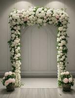 AI generated Vintage indoor wedding backdrop with roses and greenery photo