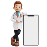 3D Doctor Character Presenting and Lying on Big Empty Phone Screen. Suitable for Medical content png