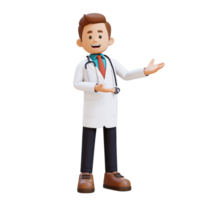 3d dokter karakter presenteren naar de links houding. geschikt voor medisch inhoud png