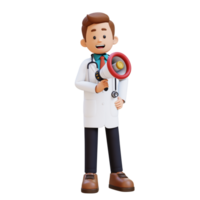 3d médecin personnage en portant mégaphone. adapté pour médical contenu png