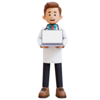 3D Doctor Character Holding Laptop with Empty Screen. Suitable for Medical content png