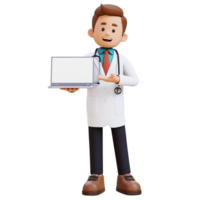 3d médecin personnage en présentant sur vide ordinateur filtrer. adapté pour médical contenu png