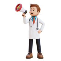 3d médecin personnage en portant mégaphone. adapté pour médical contenu png