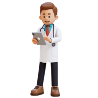 3d médico personaje trabajando con un tableta. adecuado para médico contenido png