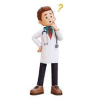 3d médico personaje confuso y pensando pose. adecuado para médico contenido png