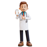 3D Doctor Character Pointing to Empty Phone Screen. Suitable for Medical content png