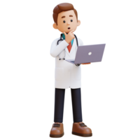 3d médecin personnage en pensant tandis que travail sur une portable. adapté pour médical contenu png