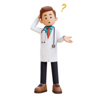 3d médico personagem confuso e pensando pose. adequado para médico conteúdo png