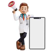 3d médico personaje participación megáfono y acostado en grande vacío teléfono pantalla. adecuado para médico contenido png