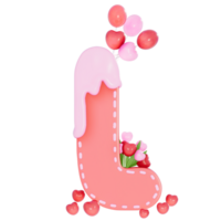 Sweet valentine's day alphabet L with decoration on transparent background , 3D Rendering png