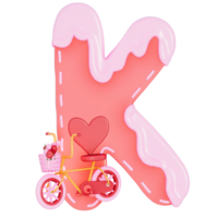 Sweet valentine's day alphabet K with decoration on transparent background , 3D Rendering png