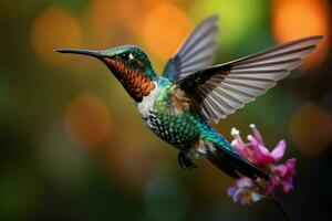 AI generated Natures gem a hummingbird in flight, a fleeting moment of beauty photo