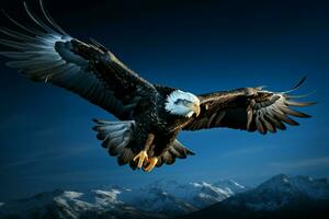 ai generado cielo dominio águila en vuelo, enmarcado en contra un brillante azul foto