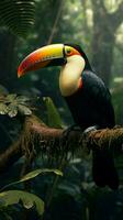 AI generated Jungle scene with Toco Toucan sitting on a vibrant branch Vertical Mobile Wallpaper photo