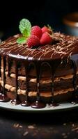 AI generated Decadent chocolate cake with glossy ganache icing, selective focus Vertical Mobile Wallpaper photo