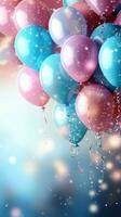 AI generated Festive background featuring blue and pink balloons, confetti, and lights Vertical Mobile Wallpaper photo