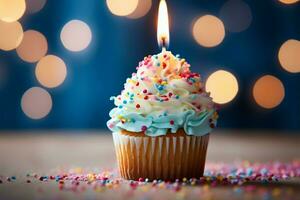 AI generated Birthday cupcake with burning candle, closeup, light background photo