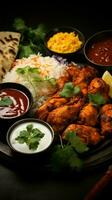 ai generado indio comida banquete pollo tikka condimento, basmati arroz, chatney, Cuajada vertical móvil fondo de pantalla foto
