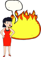 Comic Buch Rede Blase Karikatur Frau im Kleid mit Hände auf Hüften und Flamme Banner png