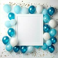 AI generated Minimalist frame, graced with airy blue balloons and celebratory confetti For Social Media Post Size photo