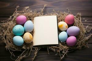 AI generated Eggcellent Easter, pastel eggs on nest, wooden backdrop, blank notebook photo