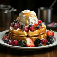 AI generated Golden Belgian waffle adorned with ice cream, fresh berries indulgence For Social Media Post Size photo