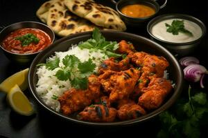 AI generated Chicken tikka masala with basmati rice, onion chutney, Indian feast photo