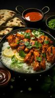 AI generated Indian culinary delight Chicken tikka masala, basmati rice, appetizers Vertical Mobile Wallpaper photo