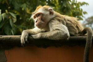 AI generated Simian Perch Monkey comfortably rests on a wall surface photo