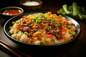 ai generado sano indulgencia chino estilo cena, arroz y verduras en armonía foto