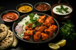 ai generado indio culinario deleite pollo tikka condimento, basmati arroz, aperitivos foto