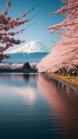 ai generado icónico escena monte fuji y Cereza flores a kawaguchiko lago vertical móvil fondo de pantalla foto