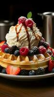 AI generated Belgian waffle perfection golden, topped with ice cream, fresh berries Vertical Mobile Wallpaper photo