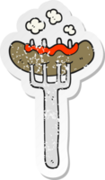 retro distressed sticker of a cartoon sausage on fork png