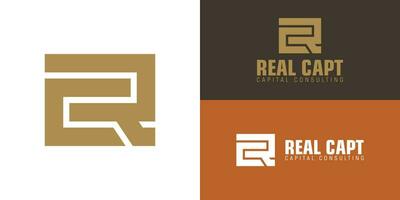 logotipo de letra inicial abstracta r y c en color dorado aislado en fondo negro aplicado para el diseño del logotipo de consultoría inmobiliaria también adecuado para las marcas o empresas que tienen el nombre inicial rc o cr vector