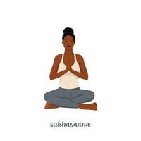 mujer haciendo sukhasana yoga. meditar en postura de loto, ejercicio de relajación, postura de asiento fácil. asanas ilustración vectorial plana aislada sobre fondo blanco vector