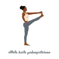 mujer practicando yoga, de pie con la mano extendida hasta el ejercicio del dedo gordo del pie, pose utthita hasta padangustasana. ilustración vectorial plana aislada sobre fondo blanco vector