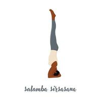 Woman practicing yoga concept, standing in salamba sirsasana exercise, headstand pose, working out, Flat vector illustration isolated on white background