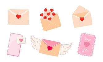 Valentine's day set of love letter envelopes, mobile phone and greeting card with heart and love message. Vector cartoon element for holiday patterns, packaging, designs