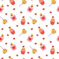 Seamless pattern with heart, cupcake, lollipop and love candle. Valentine's day vector illustration background. Detailed cartoon element for holiday patterns, packaging, designs
