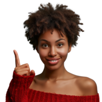 ai generiert jung afrikanisch amerikanisch Frau zeigen oben ihr Finger auf zum Angebot, Nachrichten oder zeigen. glücklich Beförderung und Ankündigung von Person isoliert auf transparent Hintergrund zum aufgeregt und Information. png