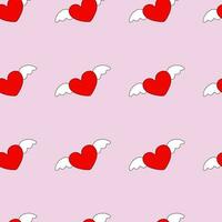 Seamless Pattern With Flying Red Hearts with White Wings on a Pink Background. vector